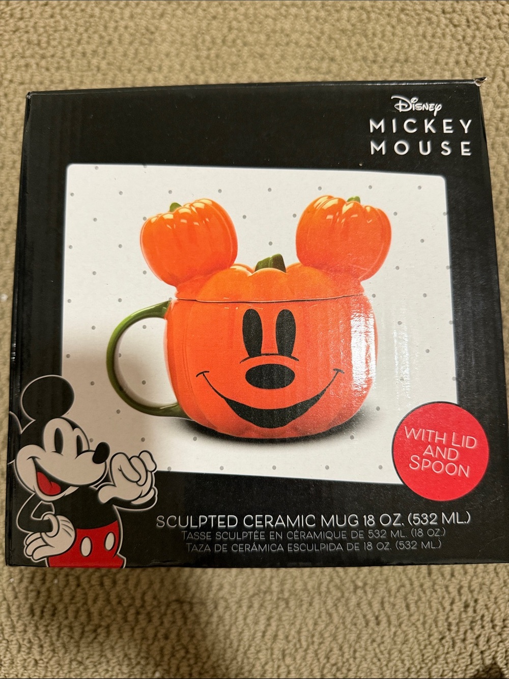 Disney Orange Pumpkin Mickey Mouse Sculpted Ceramic Mug with Lid